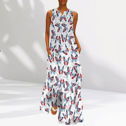 Butterfly Patriotic Sleeveless Maxi Dress with Pockets