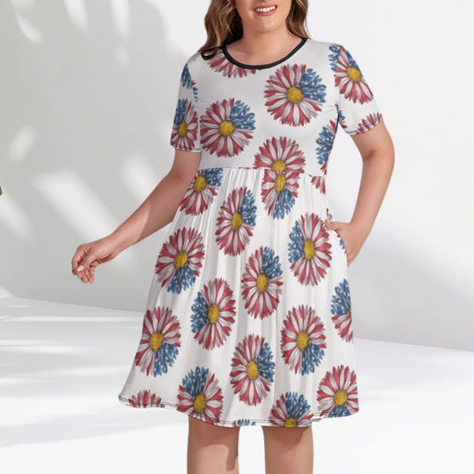 Patriotic Plus Size Short Sleeve Swing Dress with Pockets